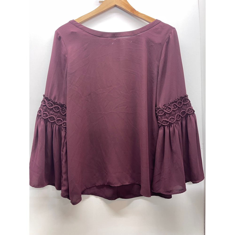 LOFT Womens Plum‎ Burgundy Bell Sleeve Macrame Crochet Tie Back Blouse M